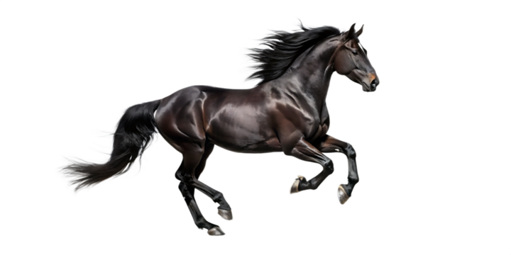 Handsome black stallion galloping, jumping. isolated on white background as transparent. PNG. AI GENERATED.