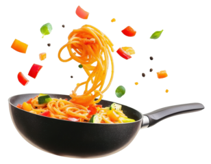 flying spaghetti and vegetables on a pan isolated on transparent background
