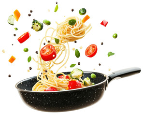 flying spaghetti and vegetables on a pan isolated on transparent background