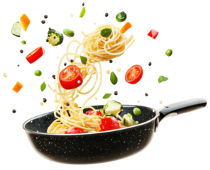 flying spaghetti and vegetables on a pan isolated on transparent background