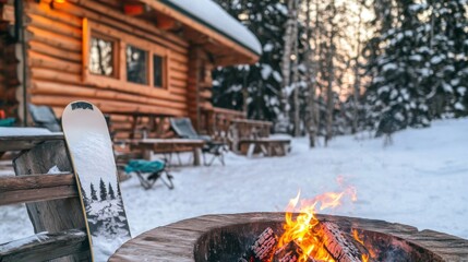 Cozy wooden cabin in snowy landscape with a warm fire pit, snow-covered trees, and a snowboard resting against a rustic wooden chair at sunset