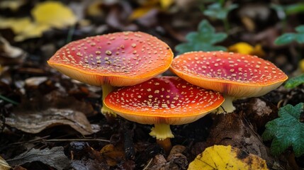 Obraz premium Three vibrant red mushrooms grow amongst autumn leaves