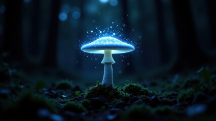 A mystical glowing mushroom illuminating a dark forest floor.