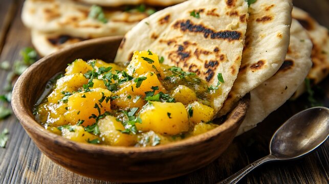Rustic bowl of muskmelon chutney with naan bread and a spoon, styled on a wooden table