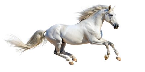 Handsome white stallion galloping, jumping. isolated on white background as transparent. PNG. AI GENERATED.