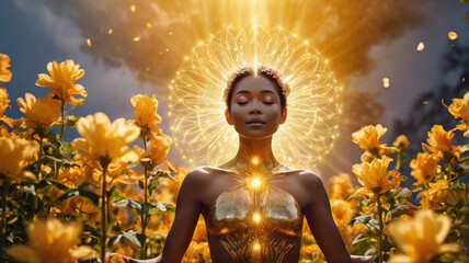 Obraz premium A serene figure meditating in a tranquil soothing color void, surrounded by gentle glowing orbs symbolizing calmness and inner peace.