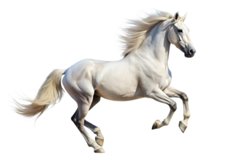 Handsome white stallion galloping, jumping. isolated on white background as transparent. PNG. AI GENERATED.