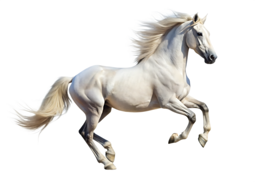 Handsome white stallion galloping, jumping. isolated on white background as transparent. PNG. AI GENERATED.