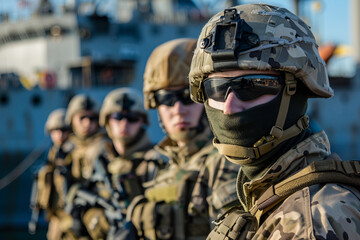 Generative AI Image of Military Officer in Camouflage Uniform Near Ship