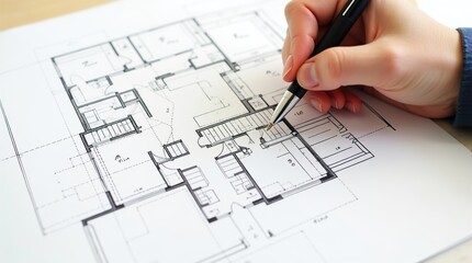 Architect's Hand Drawing on Ground Floor Blueprint Sketch