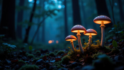 Fototapeta premium A vibrant forest scene with glowing mushrooms at night.