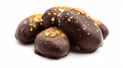 A close up of chocolate-dipped fresh dates with a sprinkle of gold dust, isolated on a clean white background