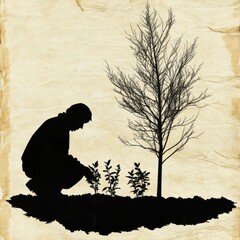 Naklejka premium A silhouetted figure of a man kneeling, nurturing small plants beside a tall tree, symbolizing growth and nature's beauty.