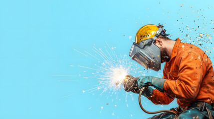 Obraz premium worker while doing a welding with arc welder welding or welding Sparks for background, Backdrop and manufacturing.