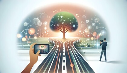 Flat Abstract Road Journey to Glowing Tree Symbolizing Growth in ESG Negotiations with Bokeh Effects