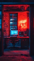 Obraz premium Illuminated office space in vibrant red hues, creating a moody atmosphere.