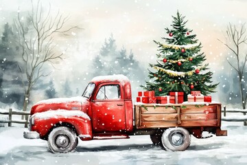 A vintage red truck with tree
