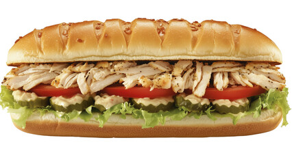 A turkey sub sandwich with lettuce, tomato, and mayonnaise.