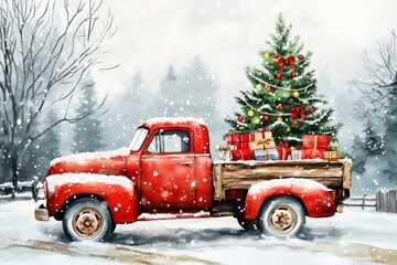 A vintage red truck with tree
