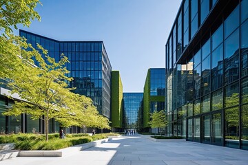 Fototapeta premium Sophisticated Urban Center with Polished Glass Exteriors and Flourishing Greenery in Bright Daylight