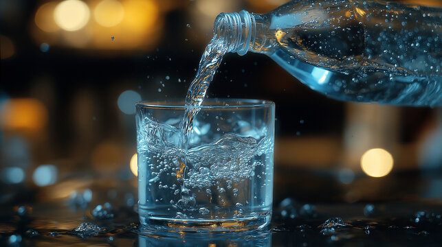 Kaltes frisches Wasser flie&szlig;t aus einer Flasche in ein Glas, Momentaufnahme, Wasserbewegung im Glas, Generative AI