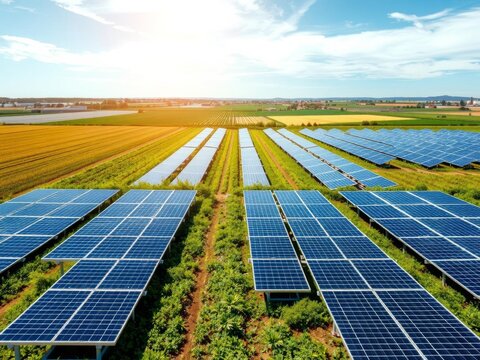 Hyper realistic photo of agrivoltaics with solar panels integrated into agricultural fields, illustrating the concept of renewable energy and ESG 2050 carbon neutrality,  crops, innovation