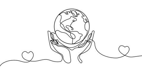 Continuous line drawing of hands holding Earth globe. Vector illustration isolated on white background