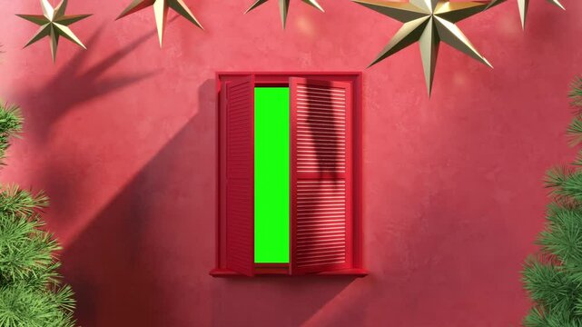 A festive Christmas scene with a decorated Christmas tree and twinkling lights. green screen behide window opens to reveal a winter wonderland." 3D animation.