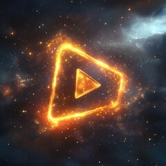 A glowing triangular play button set against a cosmic background filled with stars and nebulae.
