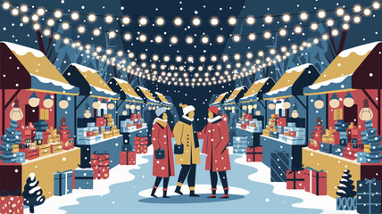 A bustling outdoor market at night, adorned with twinkling string lights hanging above rows of festive stalls.
