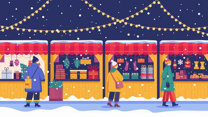 A bustling outdoor market at night, adorned with twinkling string lights hanging above rows of festive stalls.