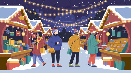 A bustling outdoor market at night, adorned with twinkling string lights hanging above rows of festive stalls.