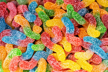 Assorted colorful gummy jelly candies. Top view. Jelly sweets.