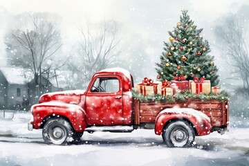 A vintage red truck with tree