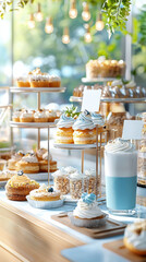 Naklejka premium A delightful display of pastries and desserts in a sunlit bakery setting, AI