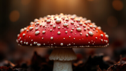 Obraz premium Close-up image of a red mushroom with white spots on top, glowing from below, with brown leaves around it.