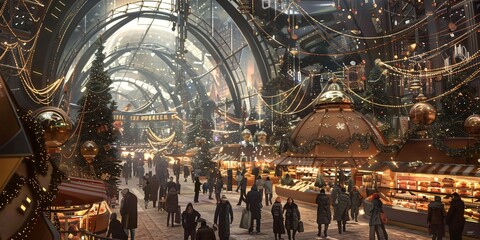 Fototapeta premium Futuristic Dome City Holiday Market A Winter Wonderland, Holiday Shopping in a High-Tech Dome City