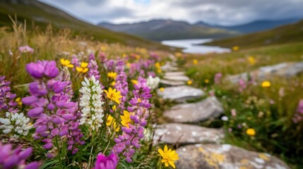 Obraz premium Wildflowers bloom vibrantly along a stone path in a serene mountain landscape, AI