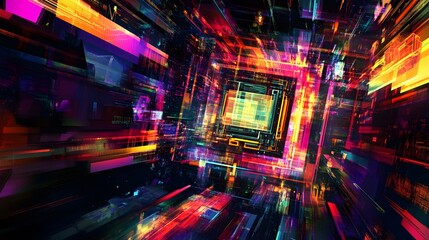 Fototapeta premium Abstract vibrant digital art, glowing neon shapes and lines forming a futuristic tunnel.