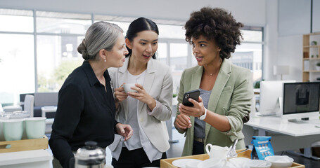 Business women, coffee break and mobile phone for gossip, talking or social media as employee....