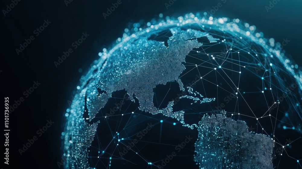 Poster a digital globe representation showing interconnected networks across continents.