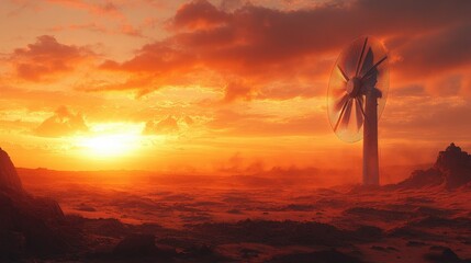 Futuristic wind turbine on a red planet at sunset.