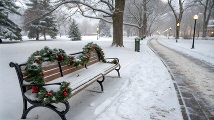 A snowy park bench decorated with Christmas garland, festive winter scene, holiday decorations, seasonal charm, Christmas spirit, peaceful outdoor holiday setting, New Year joy, and festive park