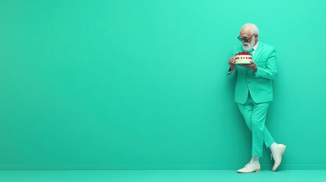 Elderly man in a turquoise suit holds a cake against a matching background, AI