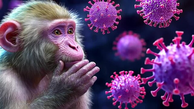 Thoughtful monkey pondering amidst floating viruses