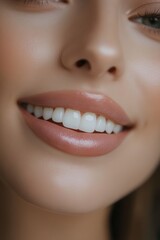 Naklejka premium A young woman smiles warmly, displaying her perfect white teeth and glossy lips. Her makeup is subtle, enhancing her natural beauty against a neutral backdrop