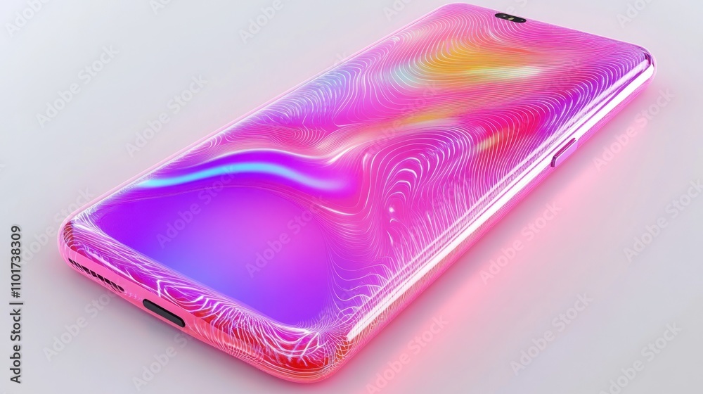 Poster pink smartphone with abstract iridescent design