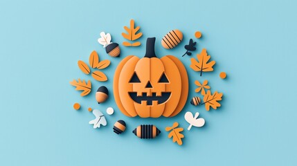 Fototapeta premium Colorful paper cutout style illustration of a Halloween pumpkin with autumn leaves and acorns on a light blue background