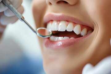 Fototapeta premium A patient smiles as a dentist examines their teeth using a mirror and dental tool in a modern clinic setting. The atmosphere is clean and professional, promoting oral health