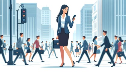 Obraz premium Flat Vector Illustration Businesswoman Mobile Payment Smartphone Candid Focused City Street